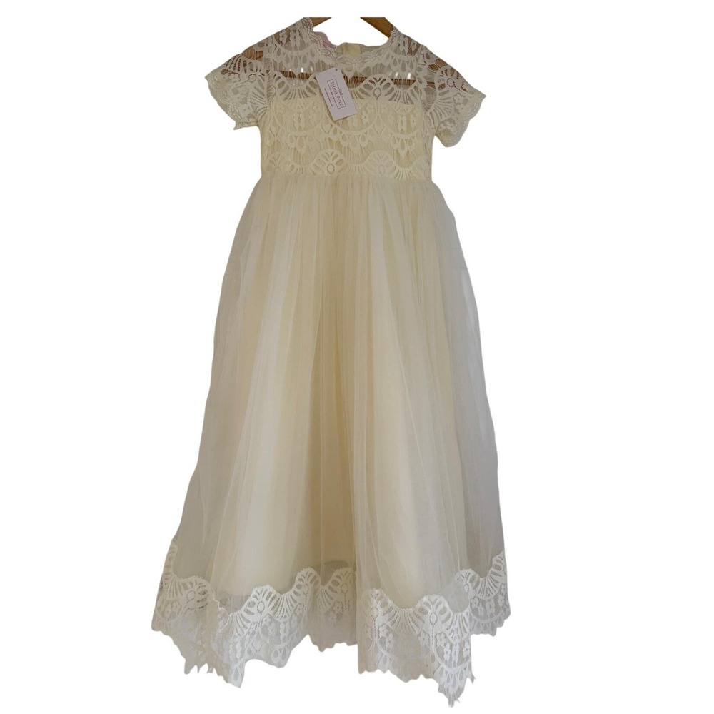 Think Pink Bows Ivory Lace Tulle Flower Girl Dress Size 8 Communion Wedding NWT